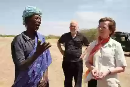 Pastoralist Jarso Ada speaking to Tom Arnold and Mary Robinson in Kenya